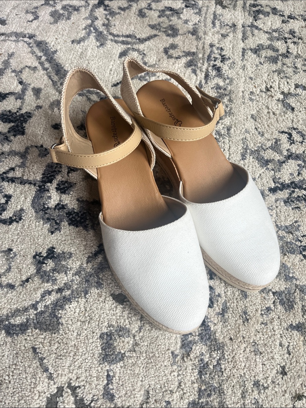 BareTraps White Canvas & Tan Ankle-Strap Espadrille Wedges